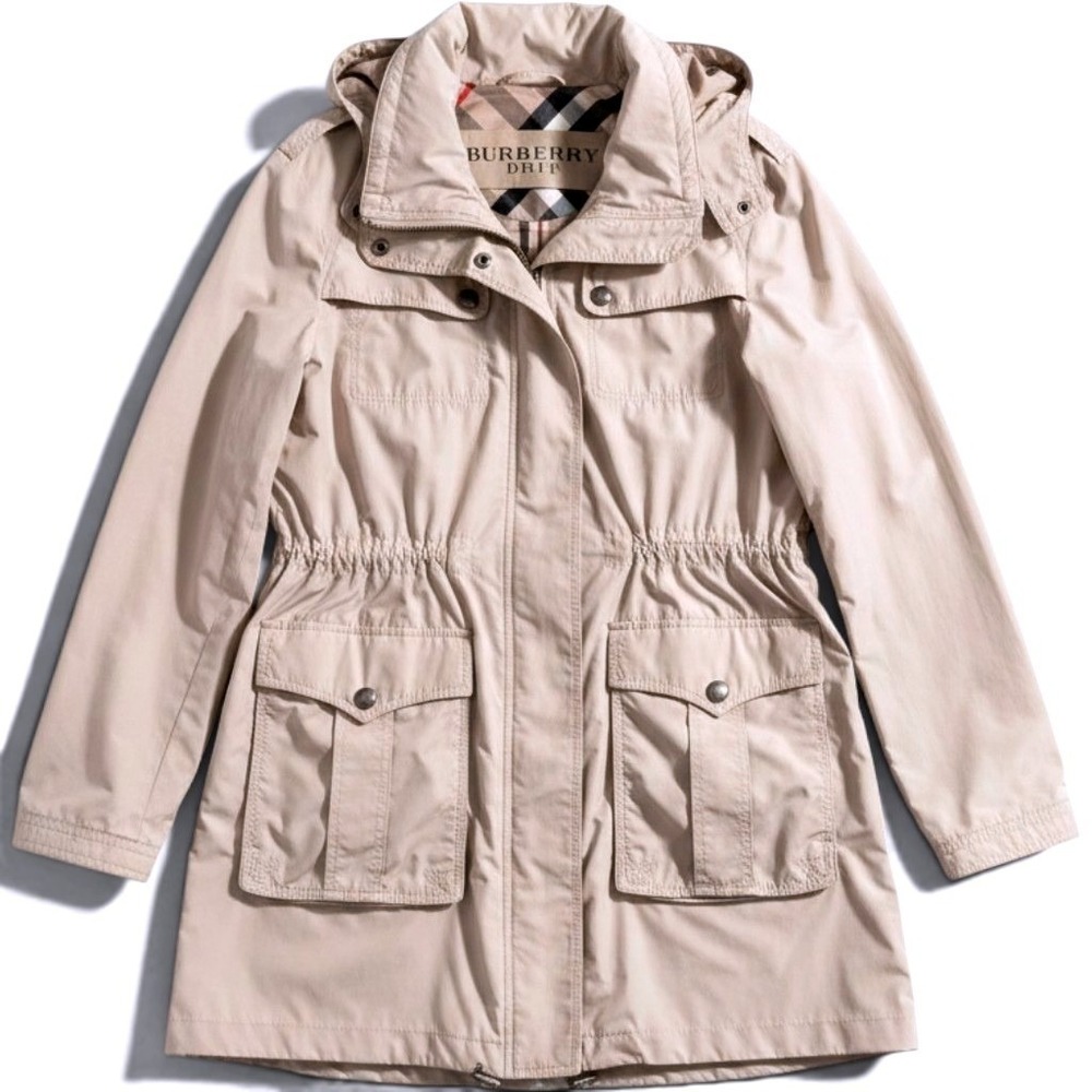 Burberry Brit Jacket Womens Large Beige Hooded Anorak Elastic Waist Pockets